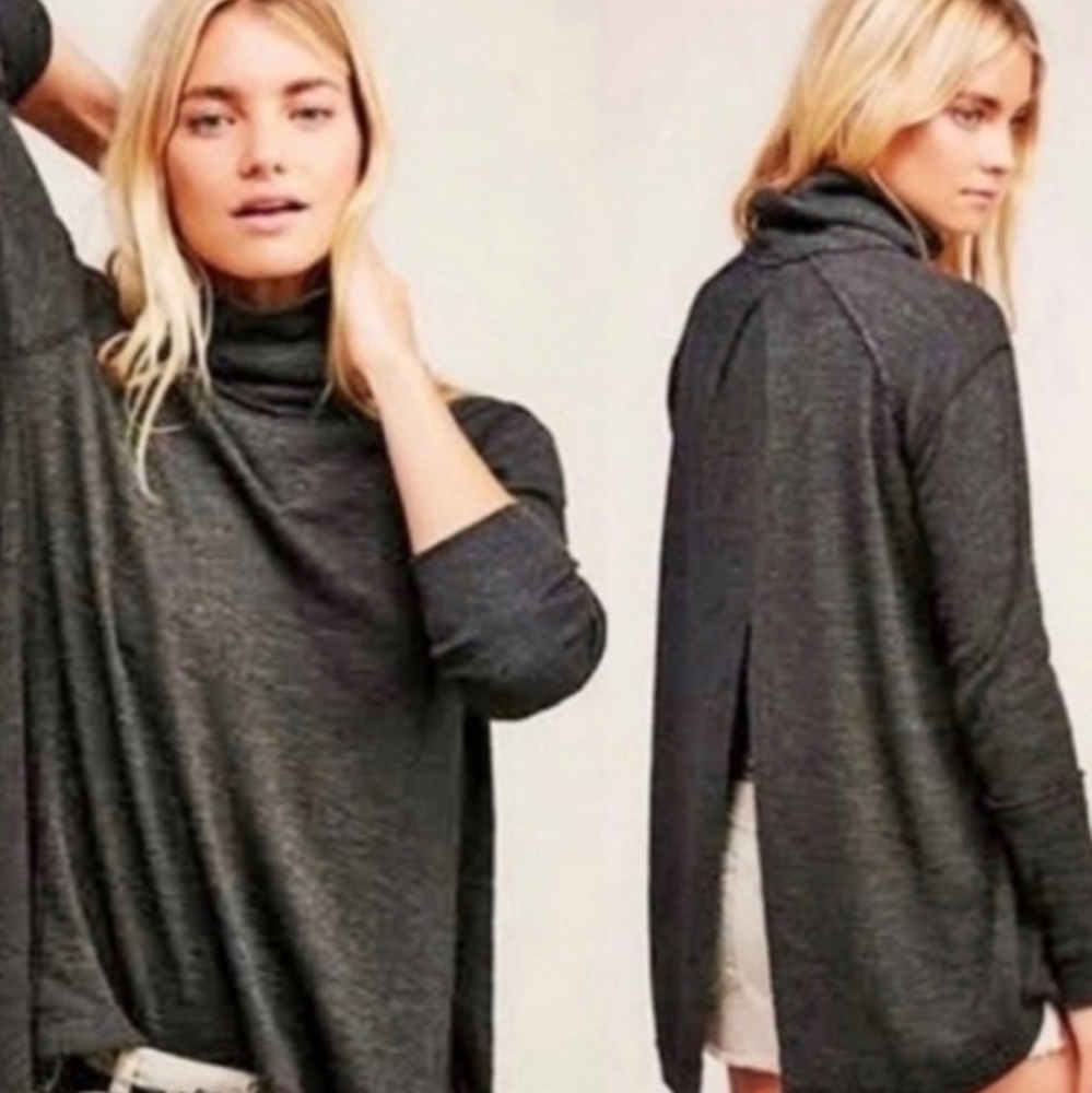We The Free Charcoal Heathered Gray Turtleneck Open Back Long Sleeve Top Size XS
